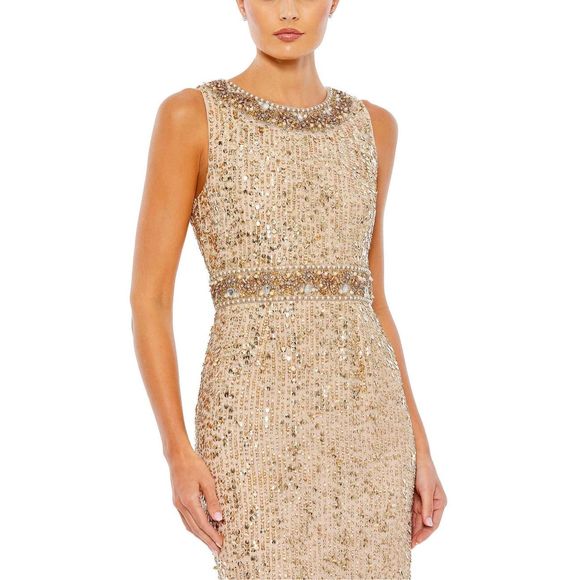 MAC DUGGAL EMBELLISHED SLEEVELESS HIGH NECK MIDI DRESS - Picture 3 of 11